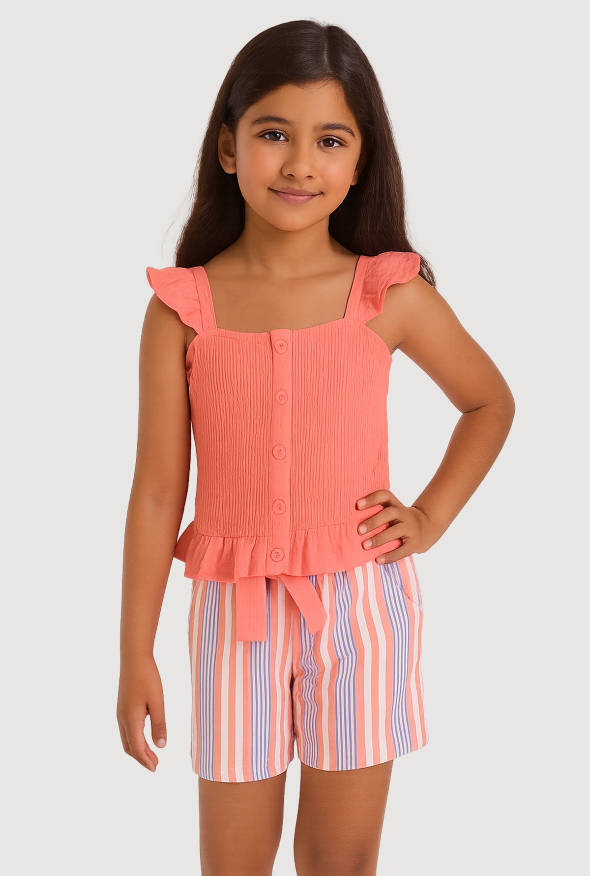 Girls Smocked Peplum Top and Striped Shorts