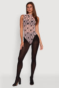 Sleeveless Mock Neck Velvet Burnout Patterned Mesh Bodysuit