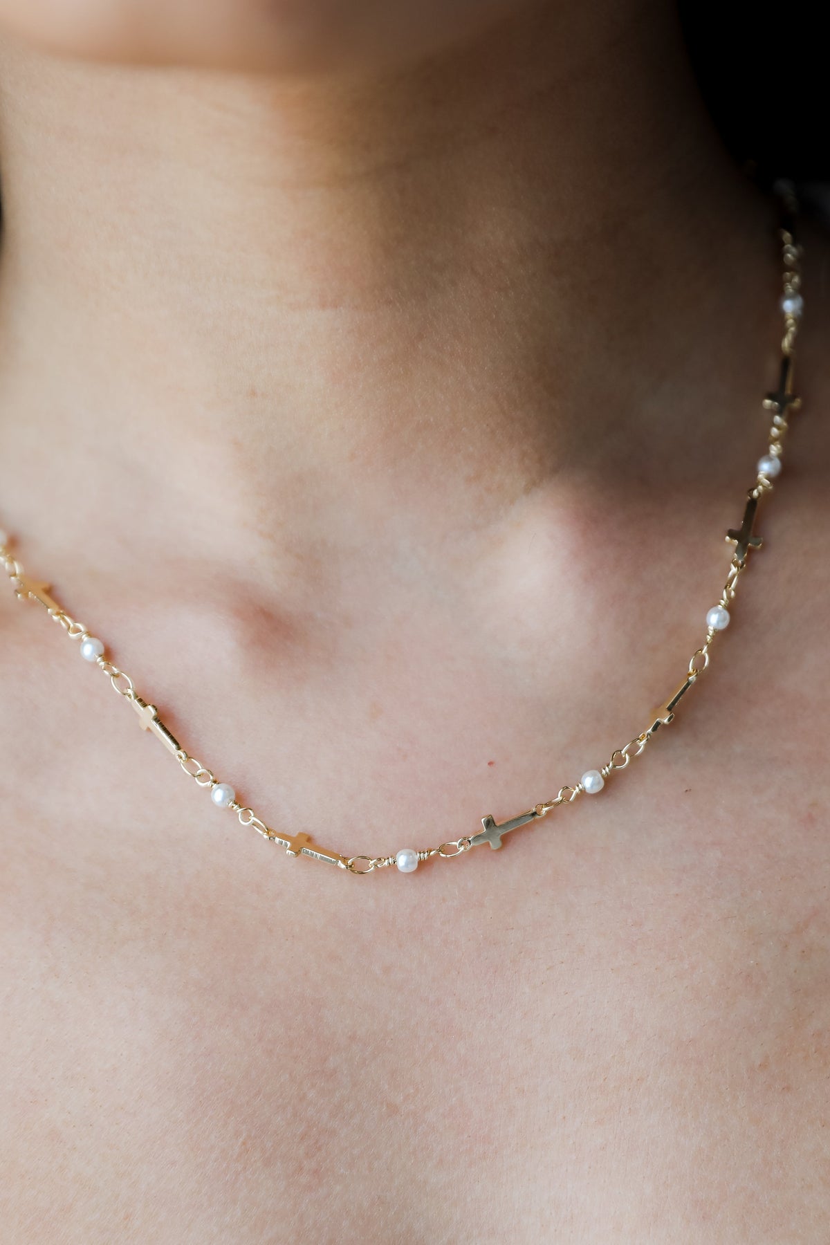 Charlotte Gold Cross + Pearl Chain Necklace