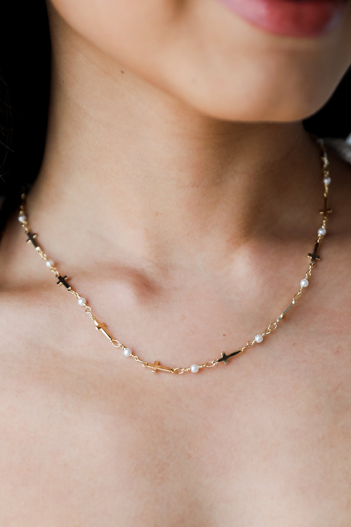 Charlotte Gold Cross + Pearl Chain Necklace